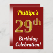 Rood, Faux Gold 29e verjaardag viering + naam Kaart (Voorkant / Achterkant)