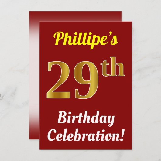 Rood, Faux Gold 29e verjaardag viering + naam Kaart (Voorkant / Achterkant)