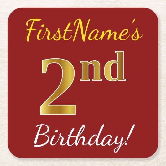 Rood, Faux Gold 2e verjaardag + Eigen naam Kartonnen Onderzetters (Voorkant)