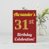 Rood, Faux Gold 31e verjaardag + naam Kaart (Staand voorkant)