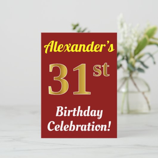 Rood, Faux Gold 31e verjaardag + naam Kaart (Staand voorkant)