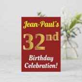 Rood, Faux Gold 32e verjaardag + Naam Kaart (Staand voorkant)