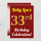 Rood, Faux Gold 33ste verjaardag viering + naam Kaart (Voorkant / Achterkant)