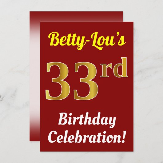 Rood, Faux Gold 33ste verjaardag viering + naam Kaart (Voorkant / Achterkant)