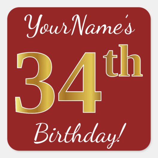 Rood, Faux Gold 34th Birthday + Sticker voor aange (Voorkant)