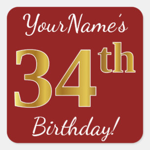 Rood, Faux Gold 34th Birthday + Sticker voor aange