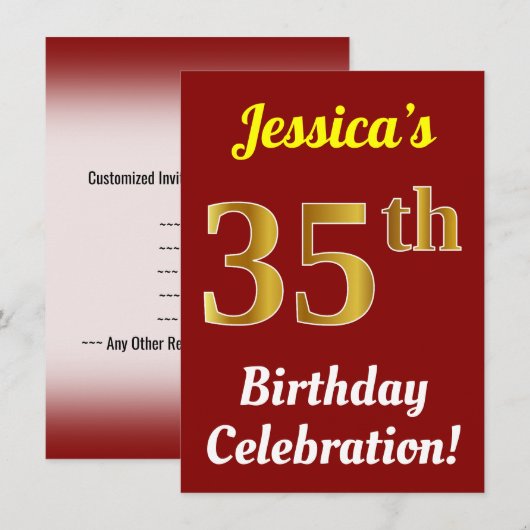 Rood, Faux Gold 35e verjaardag viering + naam Kaart (Voorkant / Achterkant)