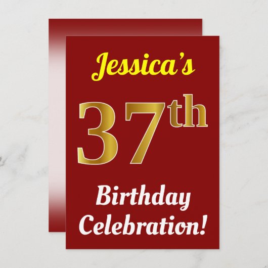 Rood, Faux Gold 37e verjaardag + Naam Kaart (Voorkant / Achterkant)