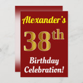 Rood, Faux Gold 38ste verjaardag viering + naam Kaart (Voorkant / Achterkant)