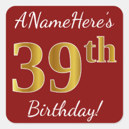 Rood, Faux Gold 39th Birthday + Sticker voor aange
