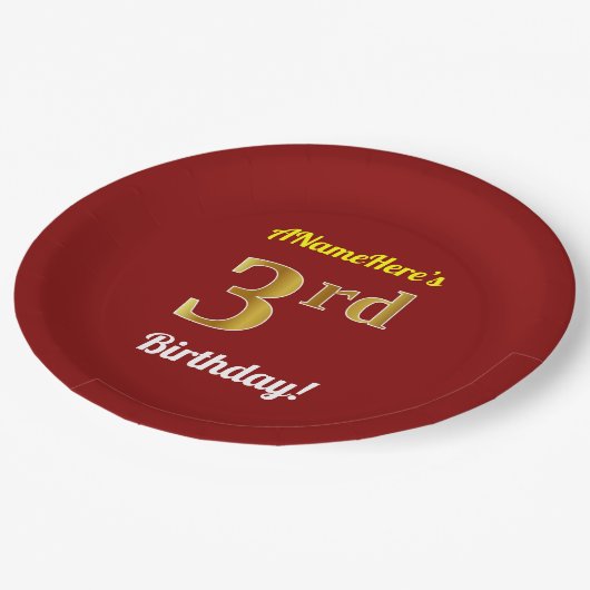 Rood, Faux Gold 3de verjaardag + Aangepaste naam Papieren Bordje (Gekanteld)