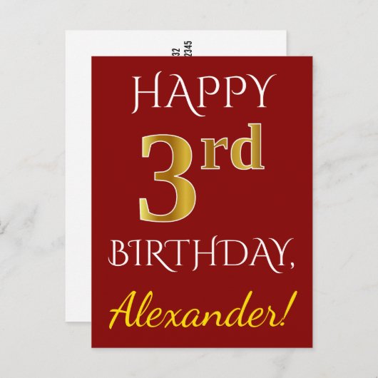 Rood, Faux Gold 3rd Birthday + Briefkaart voor aan (Voorkant / Achterkant)