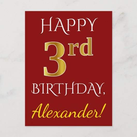 Rood, Faux Gold 3rd Birthday + Briefkaart voor aan (Voorkant)