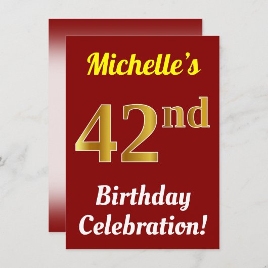 Rood, Faux Gold 42e verjaardag + naam Kaart (Voorkant / Achterkant)