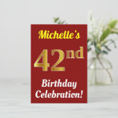 Rood, Faux Gold 42e verjaardag + naam Kaart (Staand voorkant)