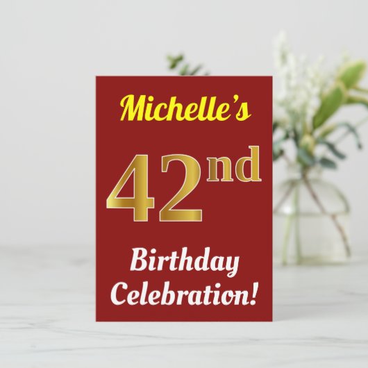 Rood, Faux Gold 42e verjaardag + naam Kaart (Staand voorkant)