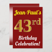 Rood, Faux Gold 43e verjaardag viering + naam Kaart (Voorkant / Achterkant)