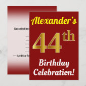 Rood, Faux Gold 44e verjaardag viering + naam Kaart (Voorkant / Achterkant)
