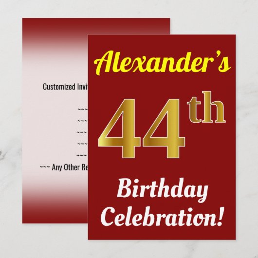 Rood, Faux Gold 44e verjaardag viering + naam Kaart (Voorkant / Achterkant)
