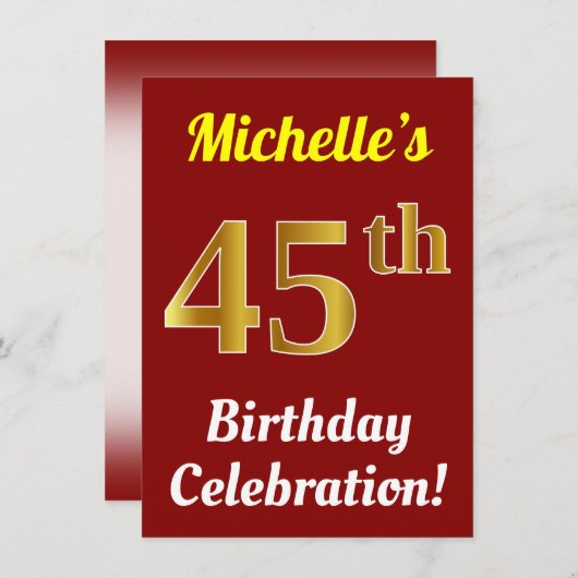 Rood, Faux Gold 45e verjaardag viering + naam Kaart (Voorkant / Achterkant)