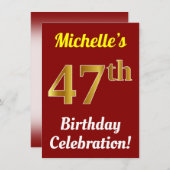 Rood, Faux Gold 47e verjaardag viering + naam Kaart (Voorkant / Achterkant)