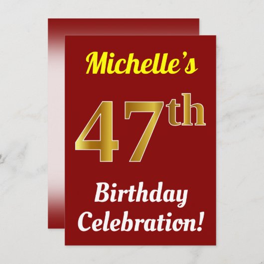 Rood, Faux Gold 47e verjaardag viering + naam Kaart (Voorkant / Achterkant)
