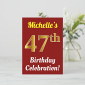 Rood, Faux Gold 47e verjaardag viering + naam Kaart (Staand voorkant)