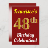 Rood, Faux Gold 48ste verjaardag viering + naam Kaart (Voorkant / Achterkant)