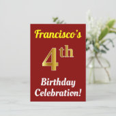 Rood, Faux Gold 4th Birthday Celebration + naam Kaart (Staand voorkant)