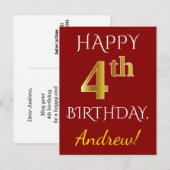 Rood, Faux Gold 4th Birthday + Eigen naam Briefkaa Briefkaart (Voorkant / Achterkant)
