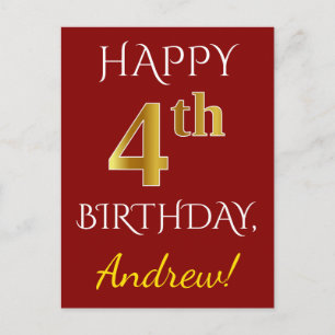 Rood, Faux Gold 4th Birthday + Eigen naam Briefkaa Briefkaart