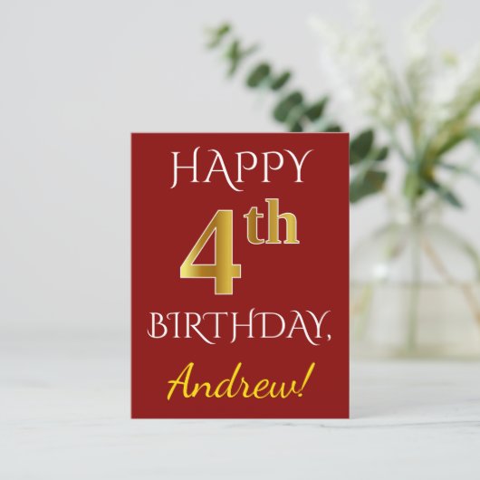 Rood, Faux Gold 4th Birthday + Eigen naam Briefkaa Briefkaart (Staand voorkant)