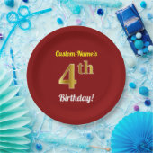 Rood, Faux Gold 4th Birthday + Eigen naam Papieren Bordje (Feest)
