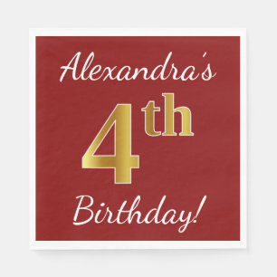 Rood, Faux Gold 4th Birthday + Eigen naam Servet