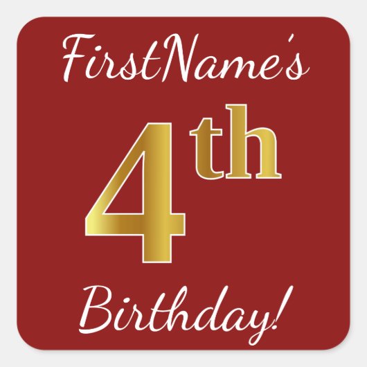 Rood, Faux Gold 4th Birthday + Eigen naam Sticker (Voorkant)