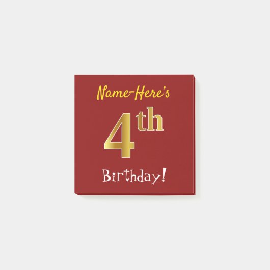Rood, Faux Gold 4th Birthday, met aangepaste naam Post-it® Notes (Voorkant)