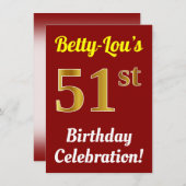Rood, Faux Gold 51e verjaardag + Naam Kaart (Voorkant / Achterkant)