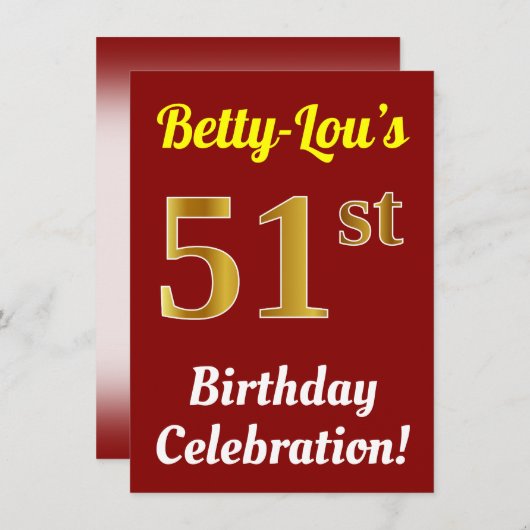 Rood, Faux Gold 51e verjaardag + Naam Kaart (Voorkant / Achterkant)
