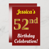 Rood, Faux Gold 52e verjaardag + Naam Kaart (Voorkant / Achterkant)