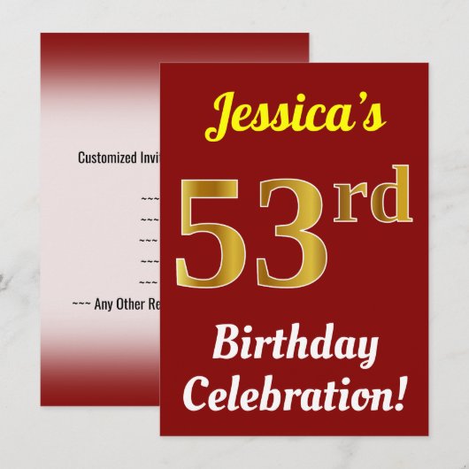 Rood, Faux Gold 53e verjaardag viering + Naam Kaart (Voorkant / Achterkant)