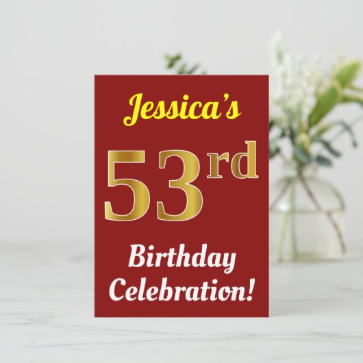 Rood, Faux Gold 53e verjaardag viering + Naam Kaart (Staand voorkant)