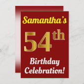 Rood, Faux Gold 54ste verjaardag viering + naam Kaart (Voorkant / Achterkant)