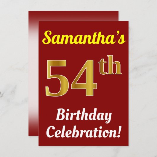 Rood, Faux Gold 54ste verjaardag viering + naam Kaart (Voorkant / Achterkant)