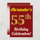 Rood, Faux Gold 55ste verjaardag viering + naam Kaart (Voorkant / Achterkant)