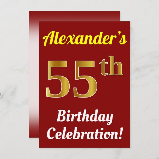 Rood, Faux Gold 55ste verjaardag viering + naam Kaart (Voorkant / Achterkant)