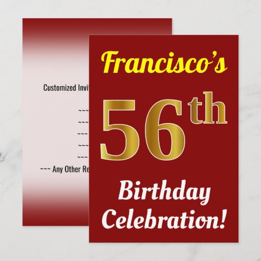 Rood, Faux Gold 56e verjaardag viering + Naam Kaart (Voorkant / Achterkant)