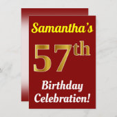 Rood, Faux Gold 57ste verjaardag viering + naam Kaart (Voorkant / Achterkant)