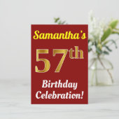 Rood, Faux Gold 57ste verjaardag viering + naam Kaart (Staand voorkant)