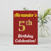 Rood, Faux Gold 5th Birthday Celebration + naam Kaart (Staand voorkant)