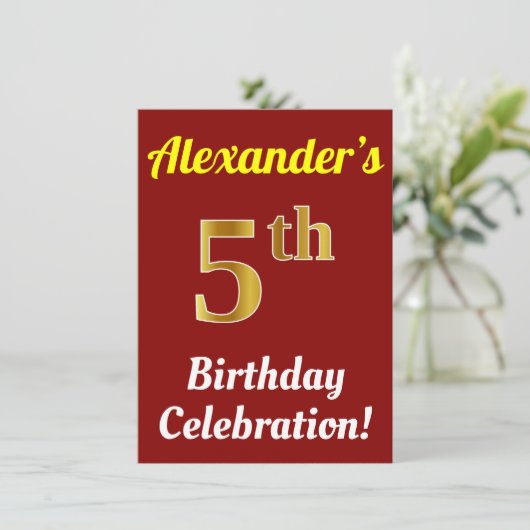 Rood, Faux Gold 5th Birthday Celebration + naam Kaart (Staand voorkant)